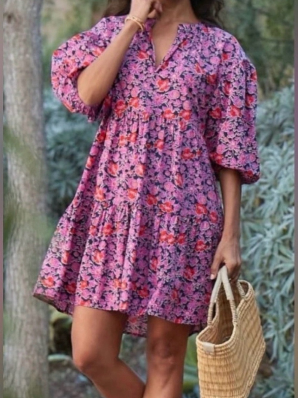 Pink Floral Puff-Sleeve Mini Dress